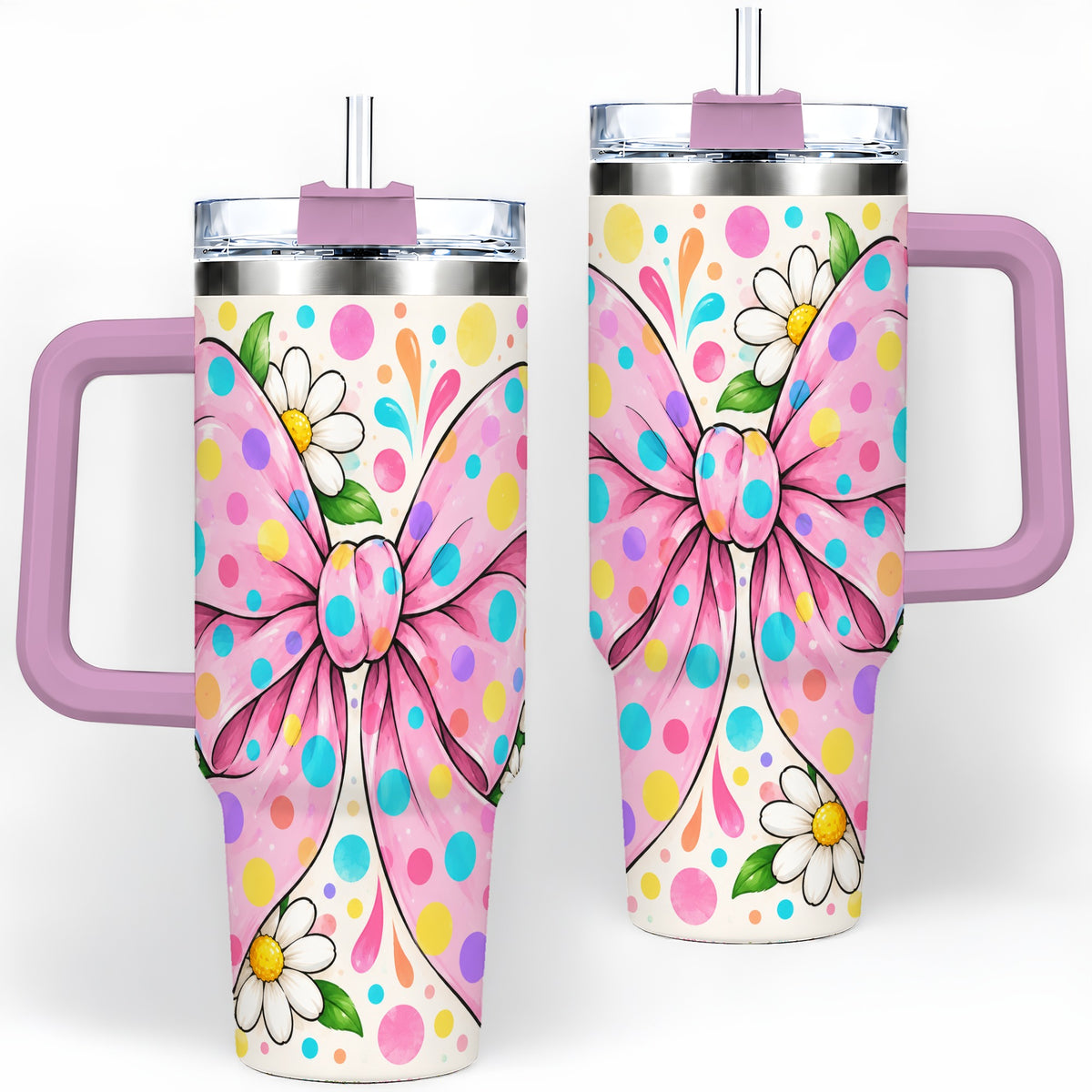 #pl[40oz|Pink] Pink Polka Dot Bow 40oz Tumbler with Daisy Floral Artwork