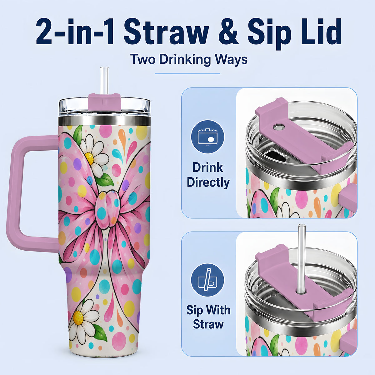 #pl[40oz|Pink] Pink Polka Dot Bow 40oz Tumbler with Daisy Floral Artwork