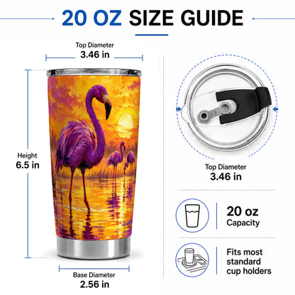 #pl[20oz|Steel] Purple Flamingo Sunset 20oz Tumbler, Vibrant Wetland Painting Artwork