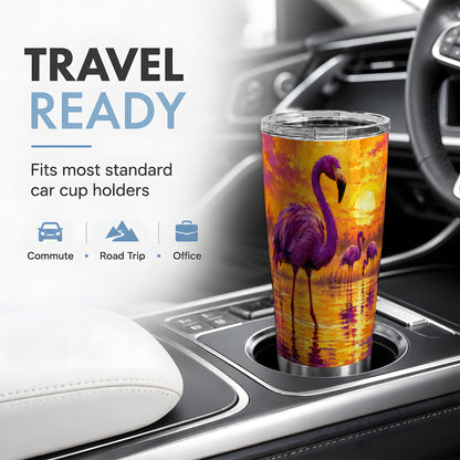 Purple Flamingo Sunset 20oz Tumbler, Vibrant Wetland Painting Artwork