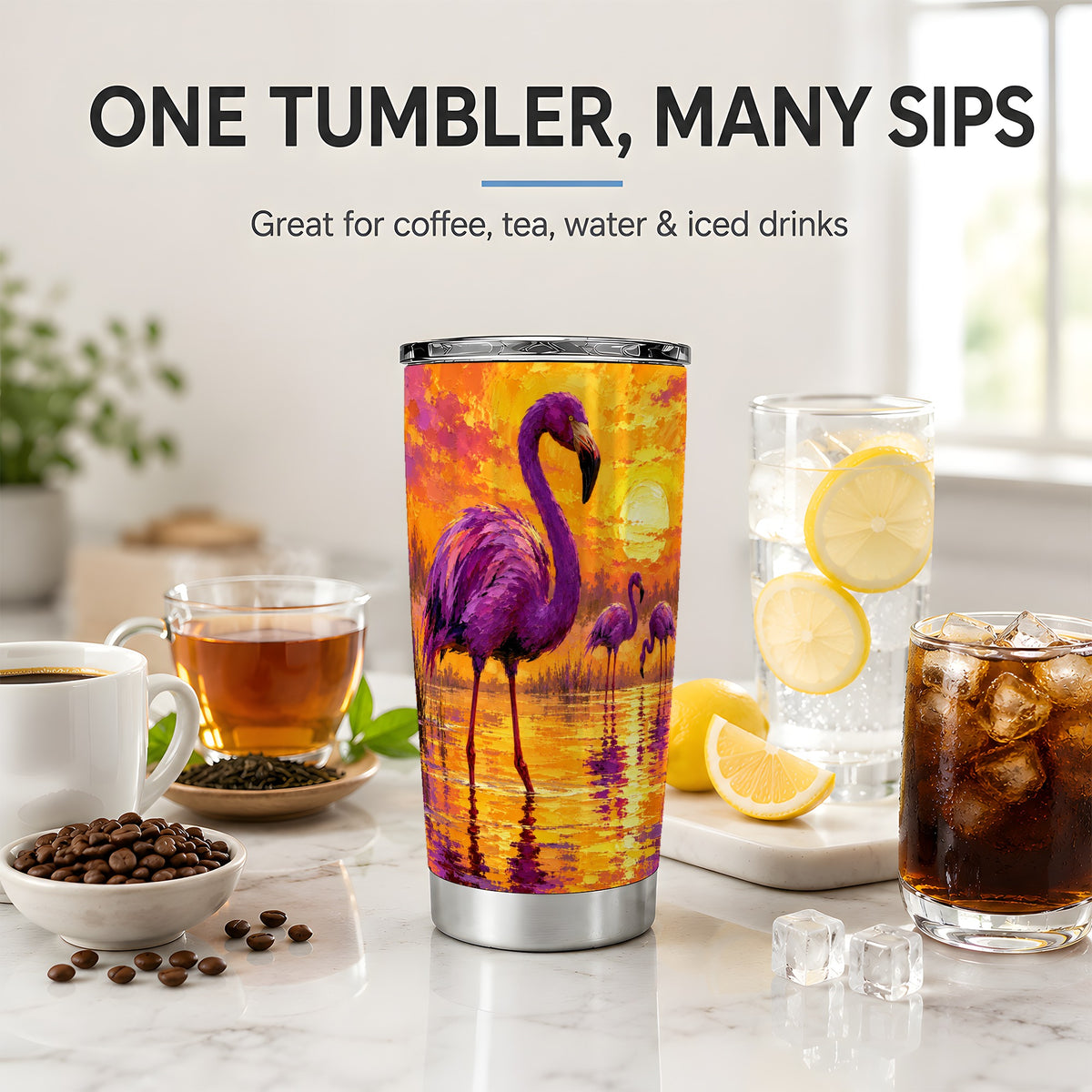 Purple Flamingo Sunset 20oz Tumbler, Vibrant Wetland Painting Artwork