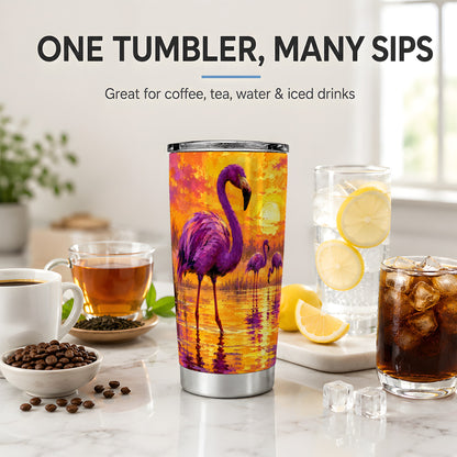 Purple Flamingo Sunset 20oz Tumbler, Vibrant Wetland Painting Artwork
