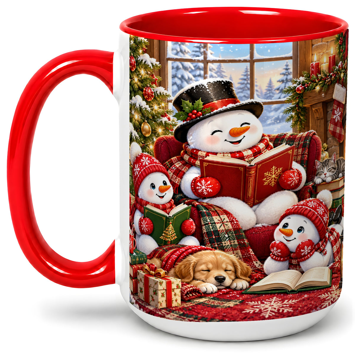#pl[15oz|Red] Christmas Snowman Reading Ceramic Mug with Cozy Holiday Artwork