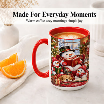 #pl[15oz|Red] Christmas Snowman Reading Ceramic Mug with Cozy Holiday Artwork