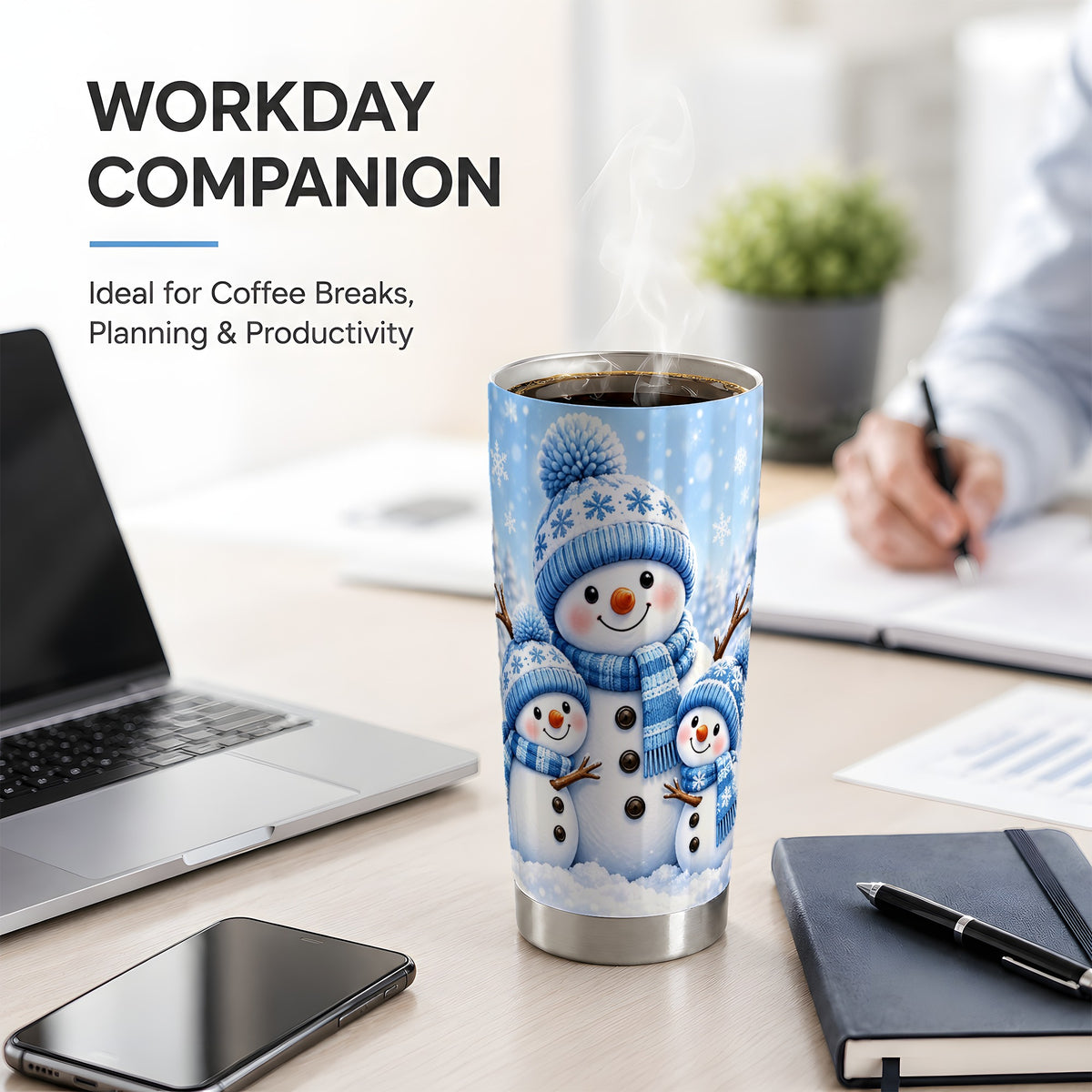 Festive Snowman Family 20oz Tumbler, Blue Winter Snowflake Scene Artwork