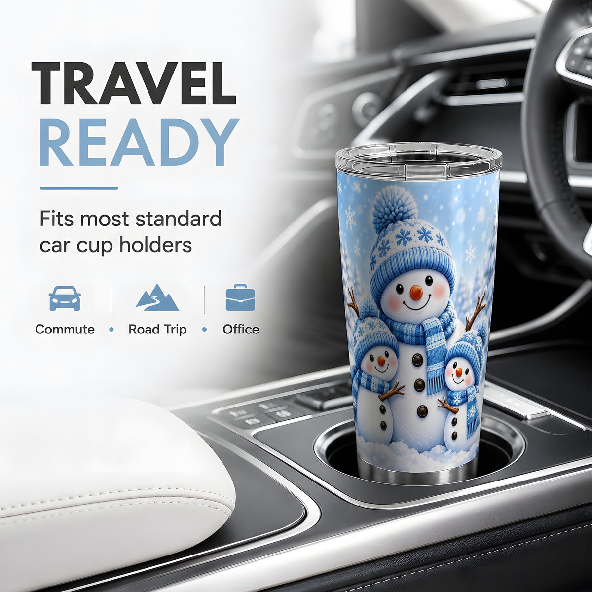 Festive Snowman Family 20oz Tumbler, Blue Winter Snowflake Scene Artwork