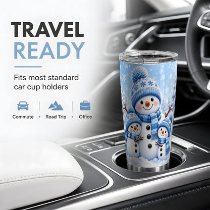 Festive Snowman Family 20oz Tumbler, Blue Winter Snowflake Scene Artwork