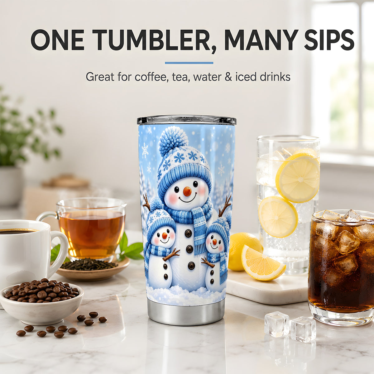 Festive Snowman Family 20oz Tumbler, Blue Winter Snowflake Scene Artwork