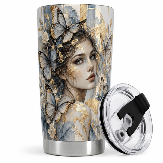 Butterfly Woman 20oz Tumbler, Blue Gold Watercolor Portrait Artwork