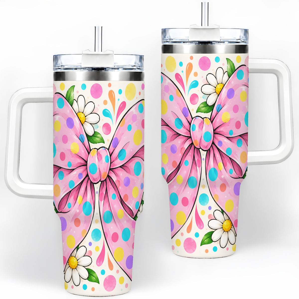 Pink Polka Dot Bow 40oz Tumbler with Daisy Floral Artwork