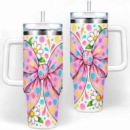 Pink Polka Dot Bow 40oz Tumbler with Daisy Floral Artwork