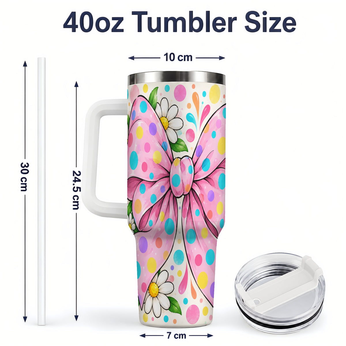 #pl[40oz|White] Pink Polka Dot Bow 40oz Tumbler with Daisy Floral Artwork