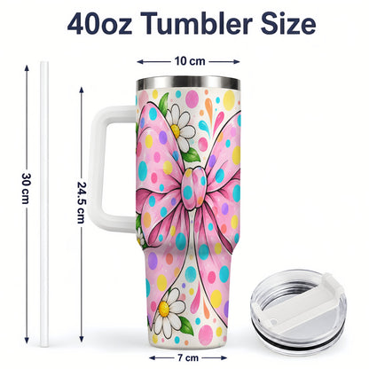 #pl[40oz|White] Pink Polka Dot Bow 40oz Tumbler with Daisy Floral Artwork