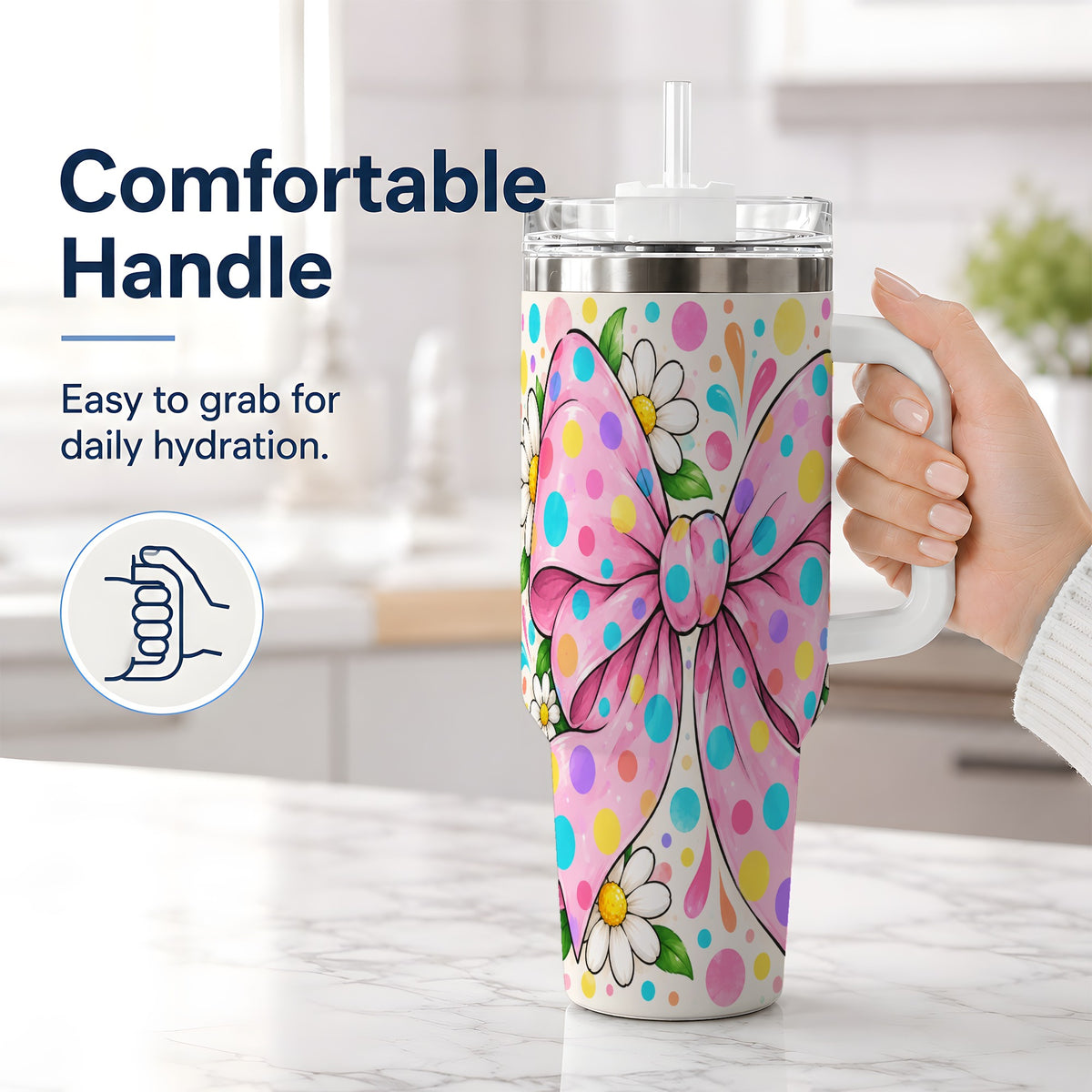 #pl[40oz|White] Pink Polka Dot Bow 40oz Tumbler with Daisy Floral Artwork