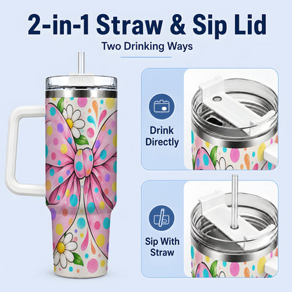 #pl[40oz|White] Pink Polka Dot Bow 40oz Tumbler with Daisy Floral Artwork