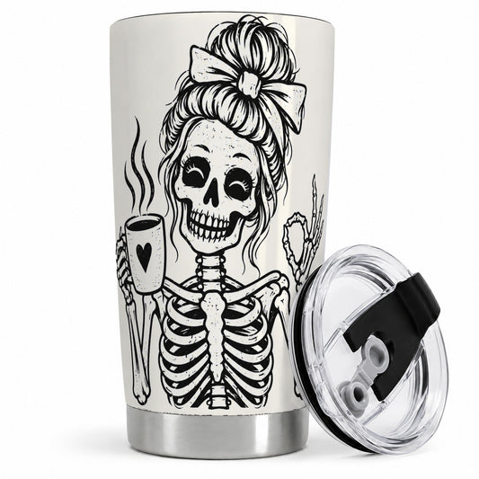 Coffee Skeleton 20oz Tumbler, Black and White Spooky Line Art Artwork