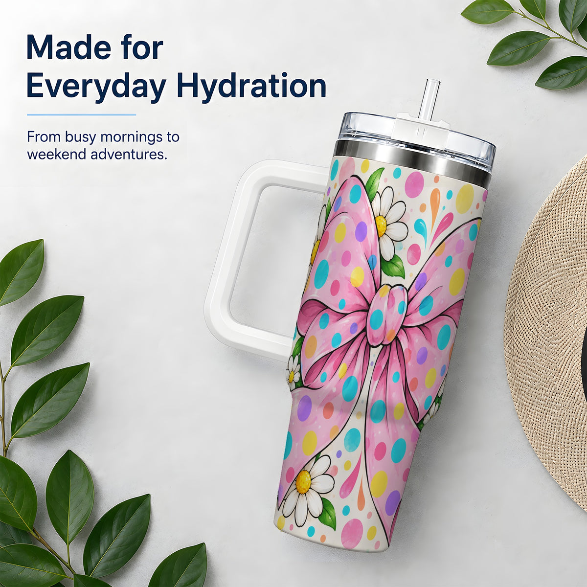 Pink Polka Dot Bow 40oz Tumbler with Daisy Floral Artwork