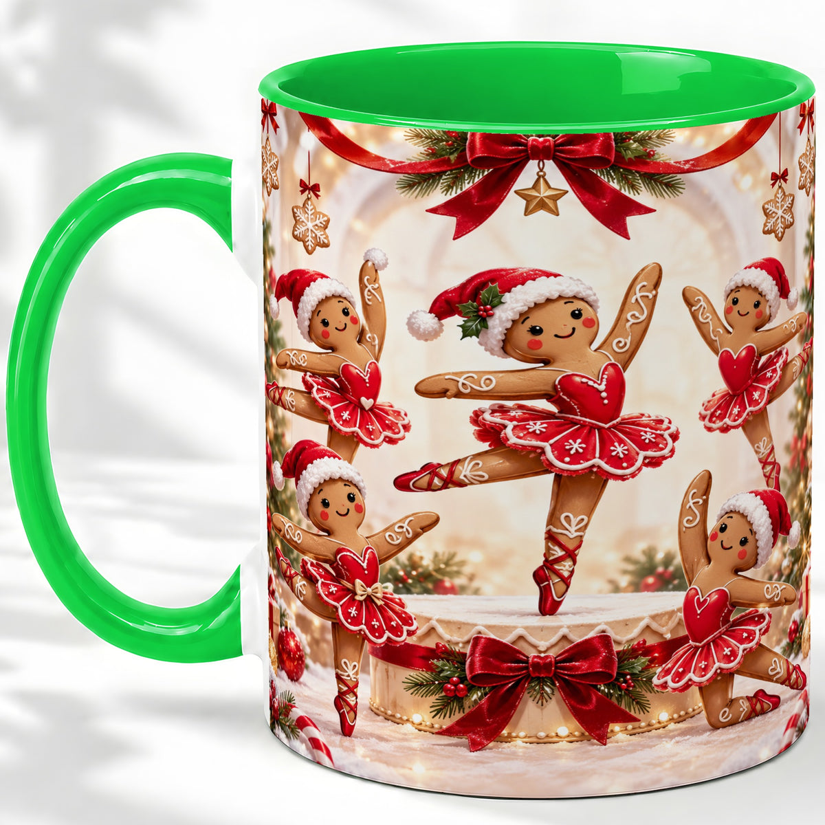 #pl[11oz|Green] Gingerbread Ballerina Christmas Ceramic Mug with Holiday Artwork