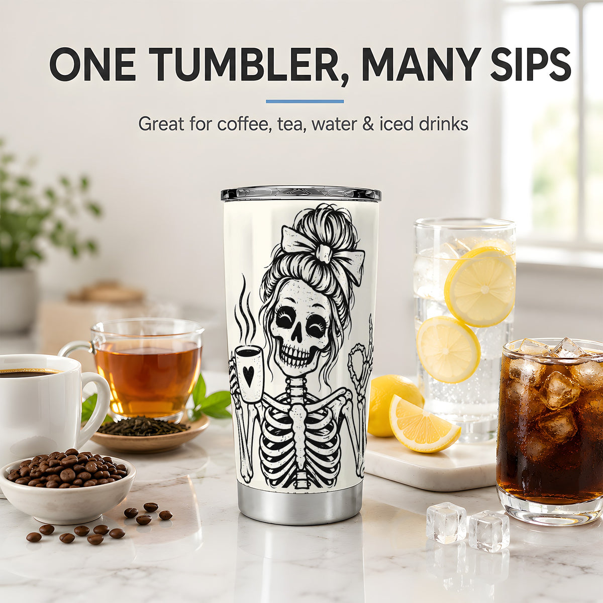 Coffee Skeleton 20oz Tumbler, Black and White Spooky Line Art Artwork