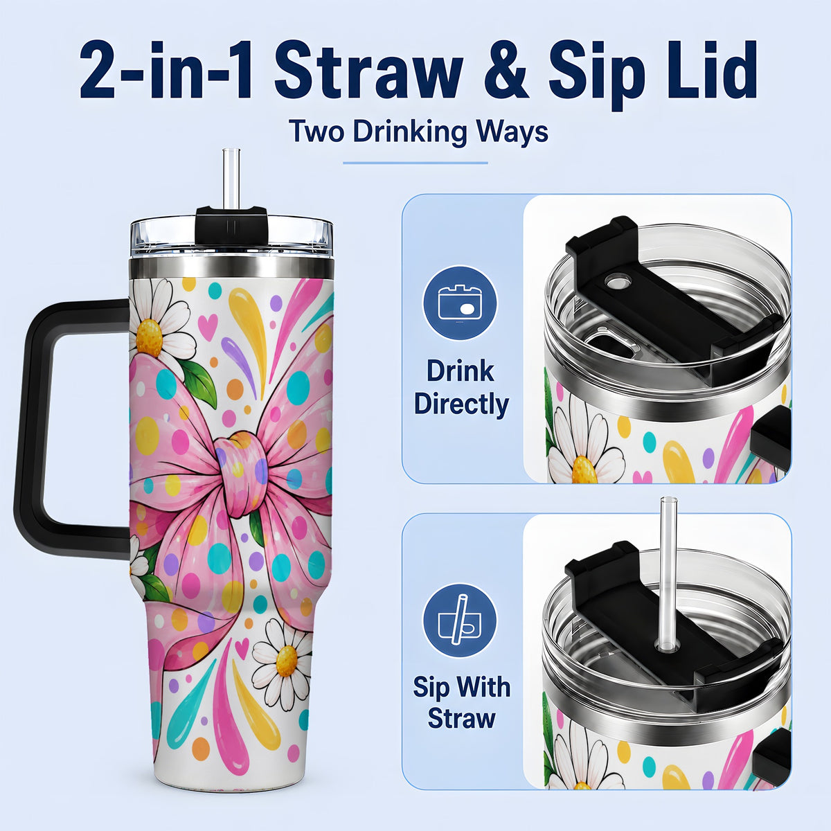 #pl[40oz|Black] Daisy Polka Dot Bow 40oz Tumbler with Colorful Floral Artwork