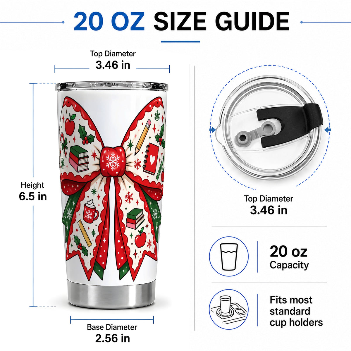#pl[20oz|Steel] Festive Teacher Christmas Bow 20oz Tumbler, School Holiday Icons Artwork