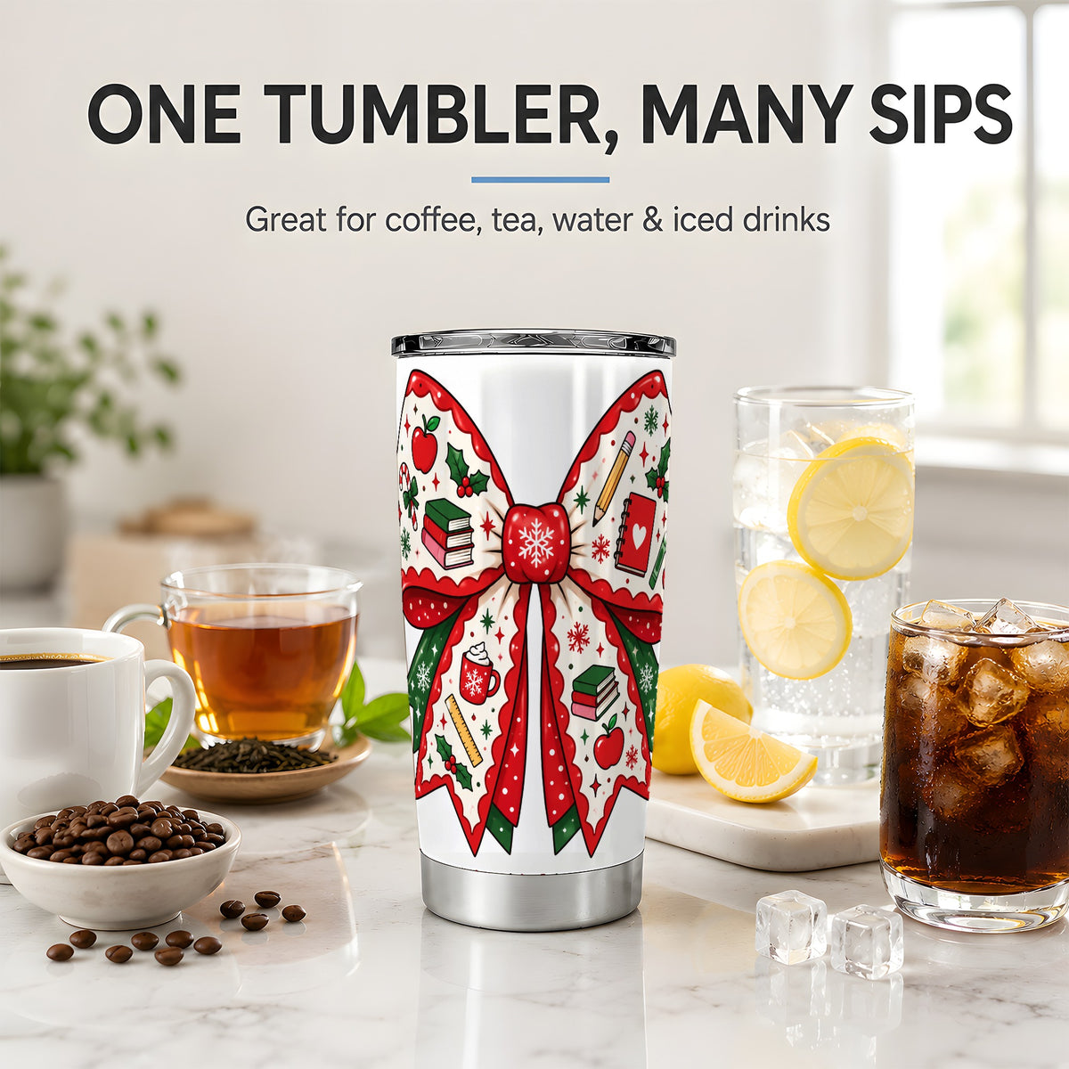Festive Teacher Christmas Bow 20oz Tumbler, School Holiday Icons Artwork