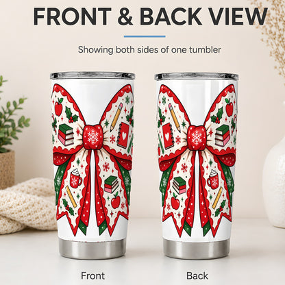 #pl[20oz|Steel] Festive Teacher Christmas Bow 20oz Tumbler, School Holiday Icons Artwork