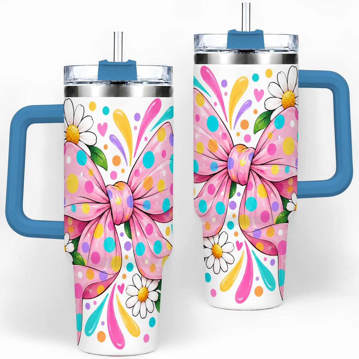 #pl[40oz|Blue] Daisy Polka Dot Bow 40oz Tumbler with Colorful Floral Artwork