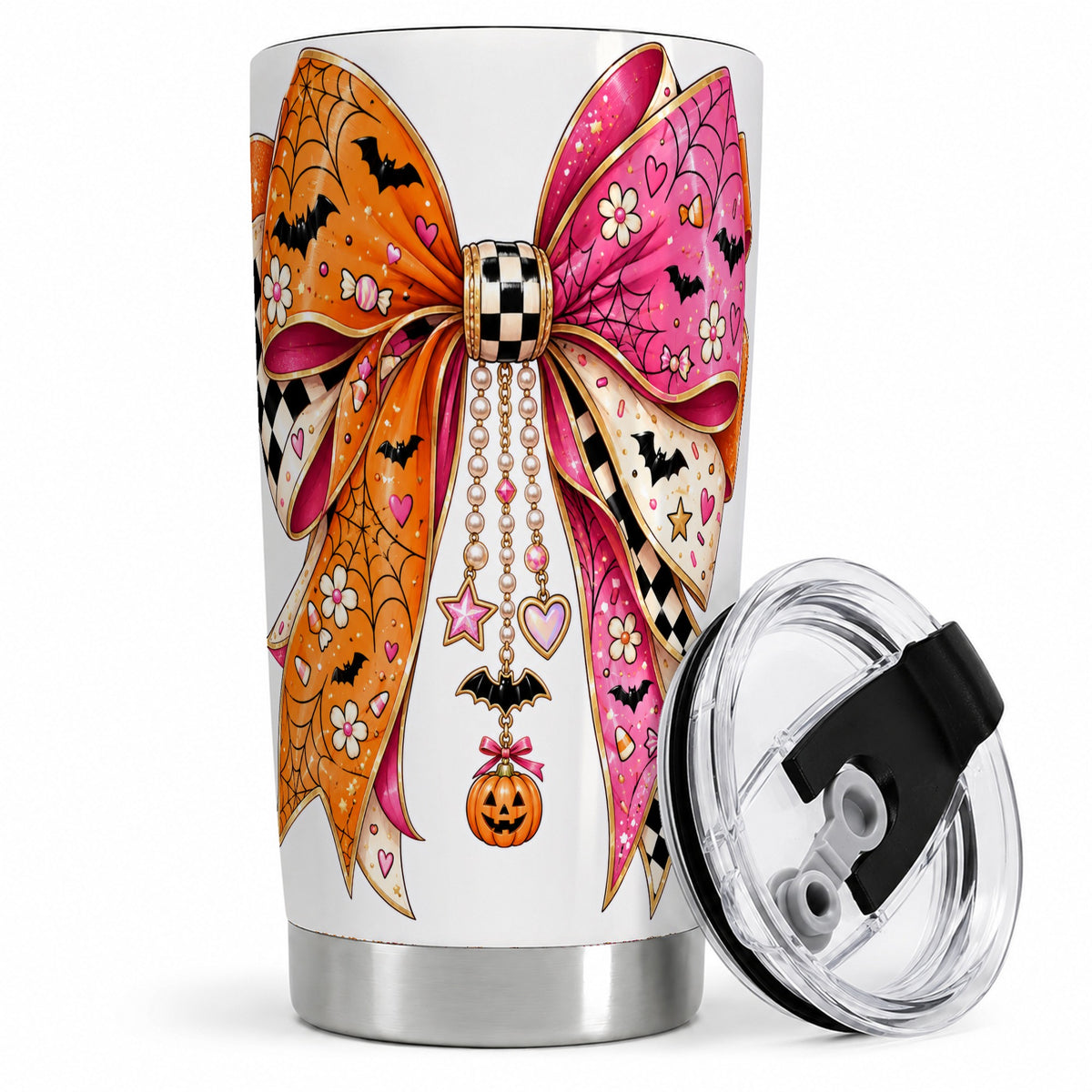 Pink Orange Halloween Bow 20oz Tumbler, Bat Web Pumpkin Icon Artwork