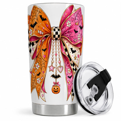 Pink Orange Halloween Bow 20oz Tumbler, Bat Web Pumpkin Icon Artwork