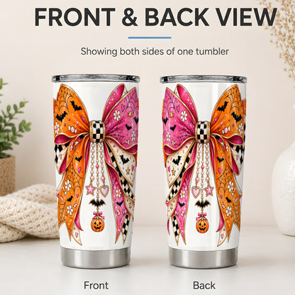 #pl[20oz|Steel] Pink Orange Halloween Bow 20oz Tumbler, Bat Web Pumpkin Icon Artwork
