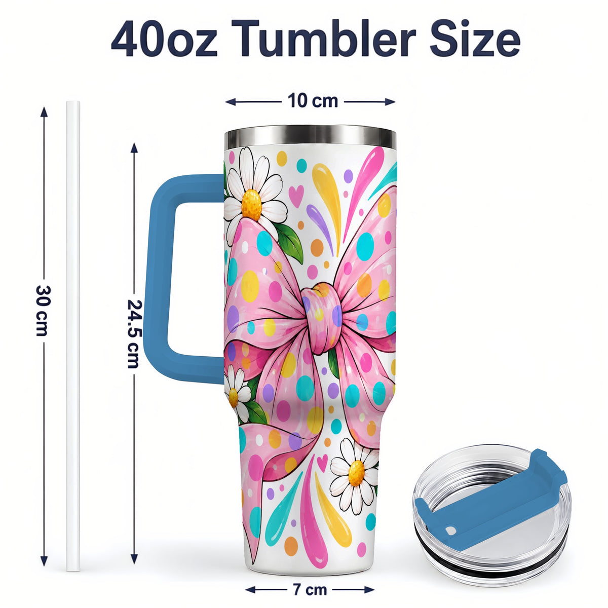 #pl[40oz|Blue] Daisy Polka Dot Bow 40oz Tumbler with Colorful Floral Artwork