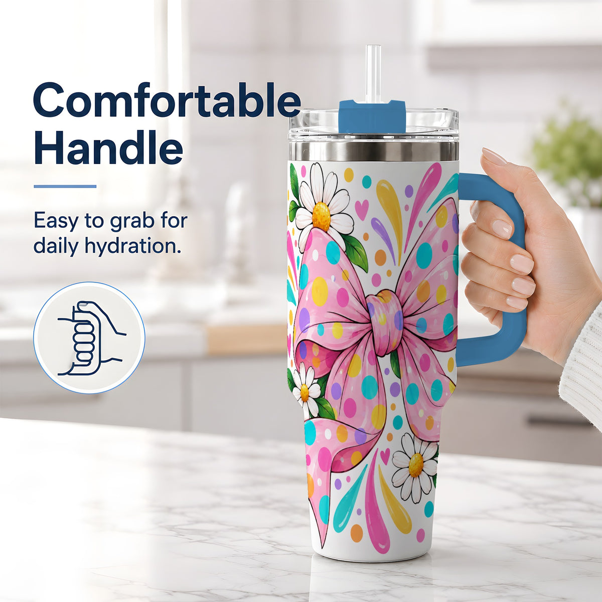 #pl[40oz|Blue] Daisy Polka Dot Bow 40oz Tumbler with Colorful Floral Artwork