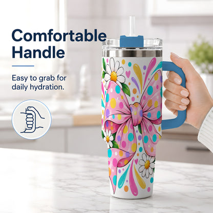 #pl[40oz|Blue] Daisy Polka Dot Bow 40oz Tumbler with Colorful Floral Artwork