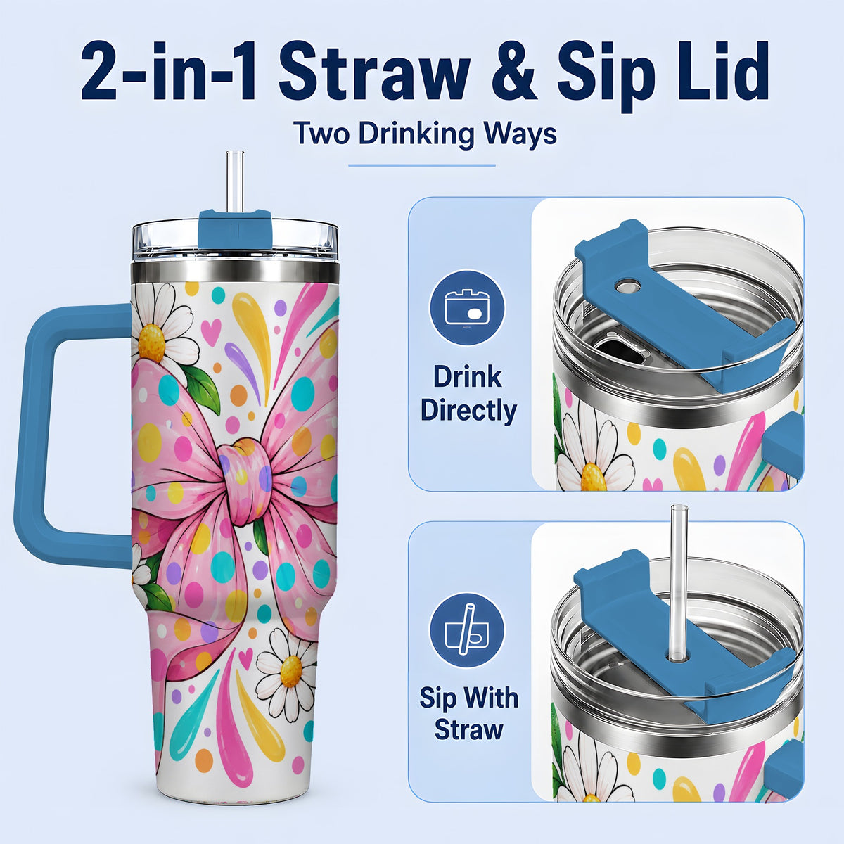 #pl[40oz|Blue] Daisy Polka Dot Bow 40oz Tumbler with Colorful Floral Artwork