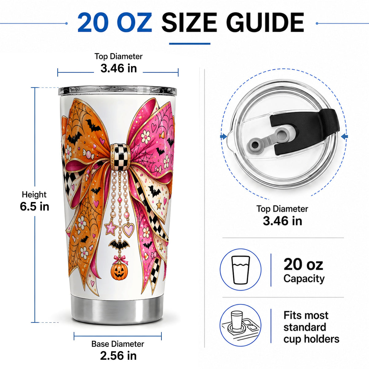 #pl[20oz|Steel] Pink Orange Halloween Bow 20oz Tumbler, Bat Web Pumpkin Icon Artwork