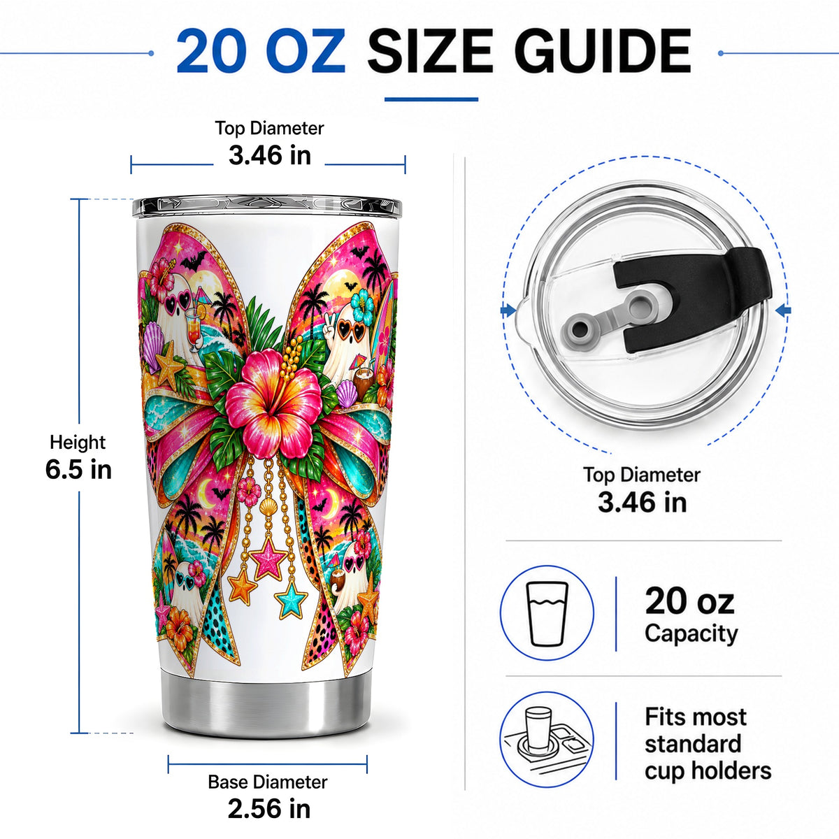#pl[20oz|Steel] Tropical Ghost Bow 20oz Tumbler, Stainless Steel Beach Halloween Art