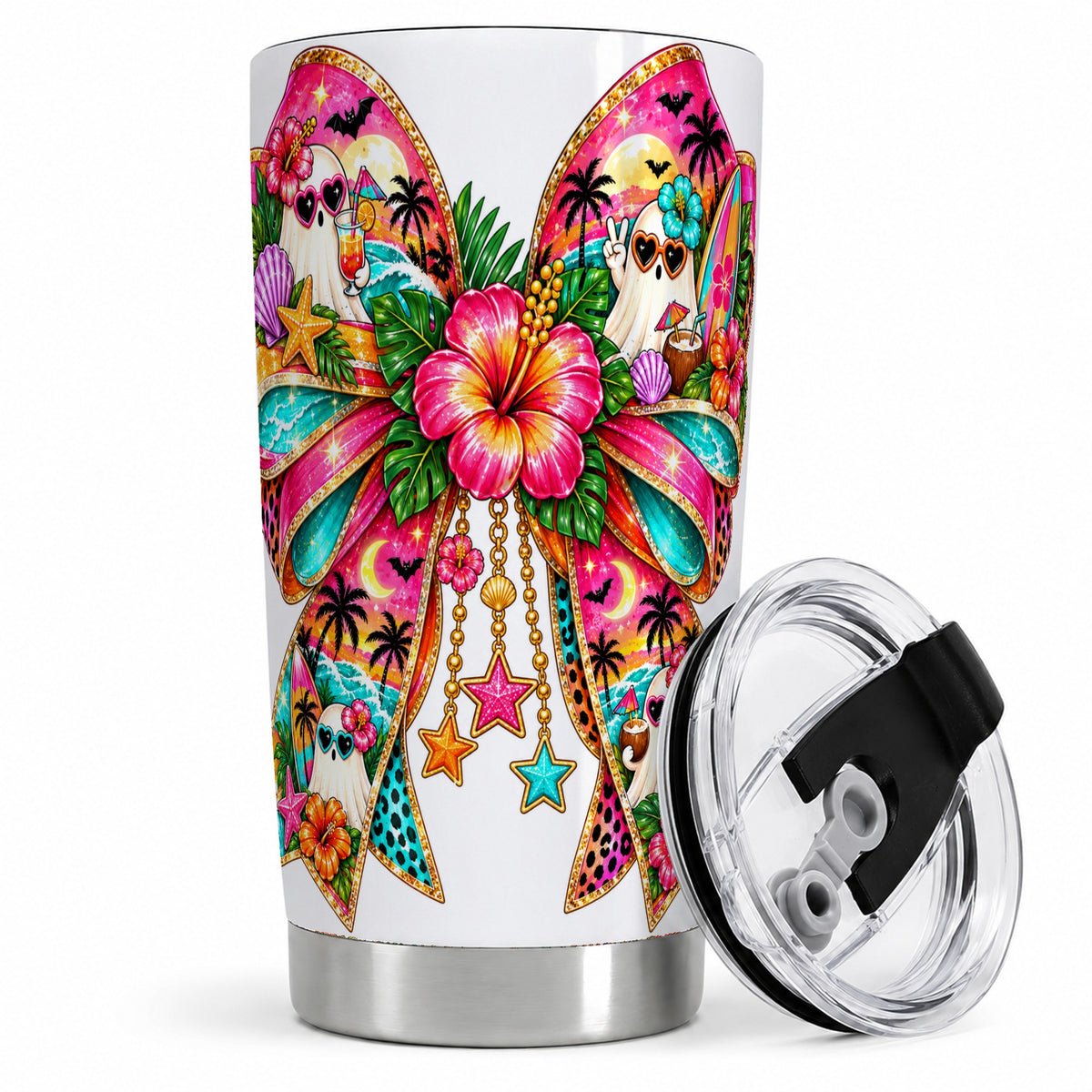 Tropical Ghost Bow 20oz Tumbler, Stainless Steel Beach Halloween Art