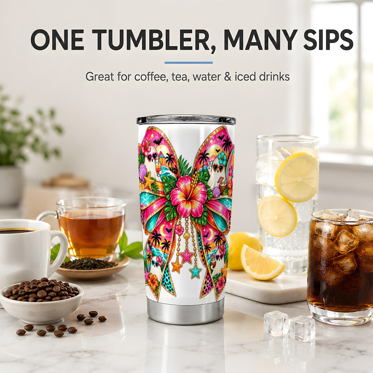 Tropical Ghost Bow 20oz Tumbler, Stainless Steel Beach Halloween Art