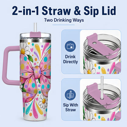 #pl[40oz|Pink] Daisy Polka Dot Bow 40oz Tumbler with Colorful Floral Artwork