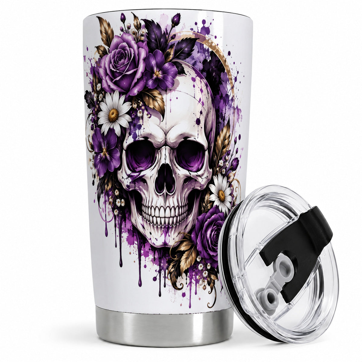 Purple Floral Skull 20oz Tumbler, Stainless Steel Gothic Rose Artwork