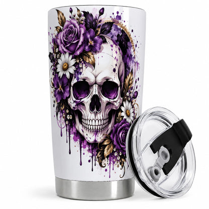 Purple Floral Skull 20oz Tumbler, Stainless Steel Gothic Rose Artwork