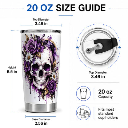 #pl[20oz|Steel] Purple Floral Skull 20oz Tumbler, Stainless Steel Gothic Rose Artwork