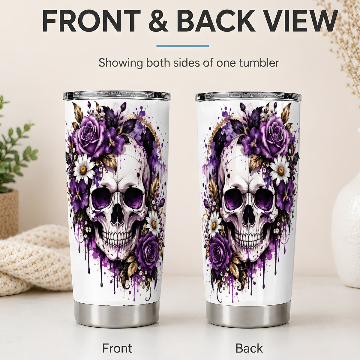 #pl[20oz|Steel] Purple Floral Skull 20oz Tumbler, Stainless Steel Gothic Rose Artwork