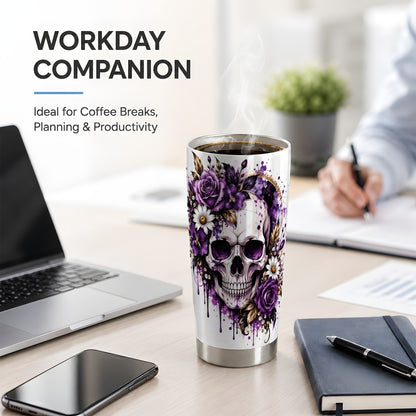 Purple Floral Skull 20oz Tumbler, Stainless Steel Gothic Rose Artwork