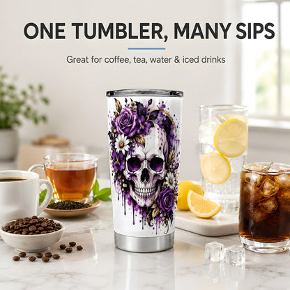 Purple Floral Skull 20oz Tumbler, Stainless Steel Gothic Rose Artwork