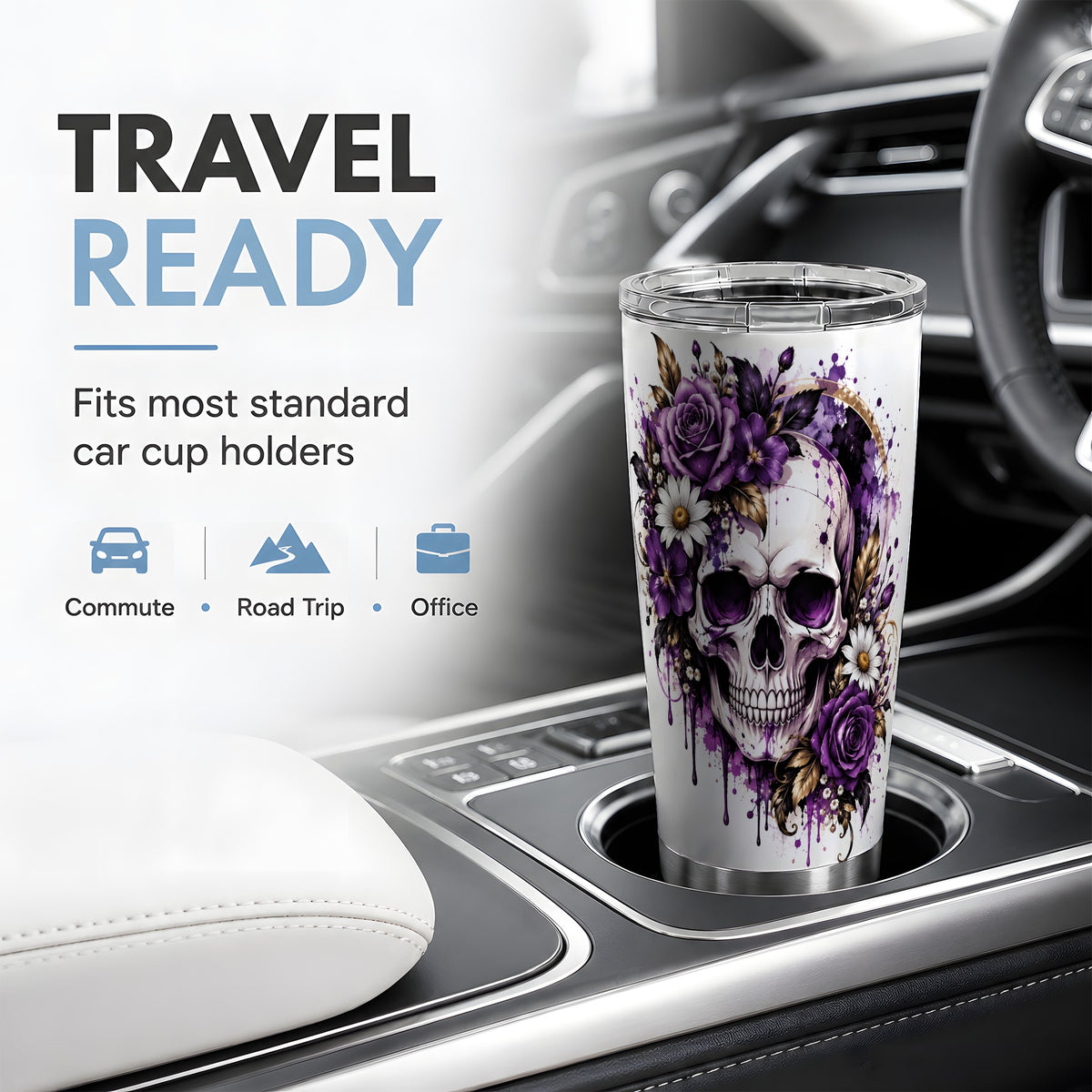 Purple Floral Skull 20oz Tumbler, Stainless Steel Gothic Rose Artwork