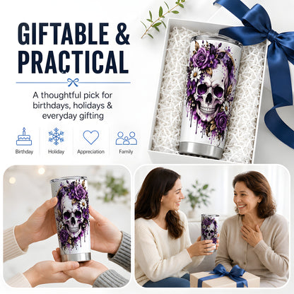 Purple Floral Skull 20oz Tumbler, Stainless Steel Gothic Rose Artwork