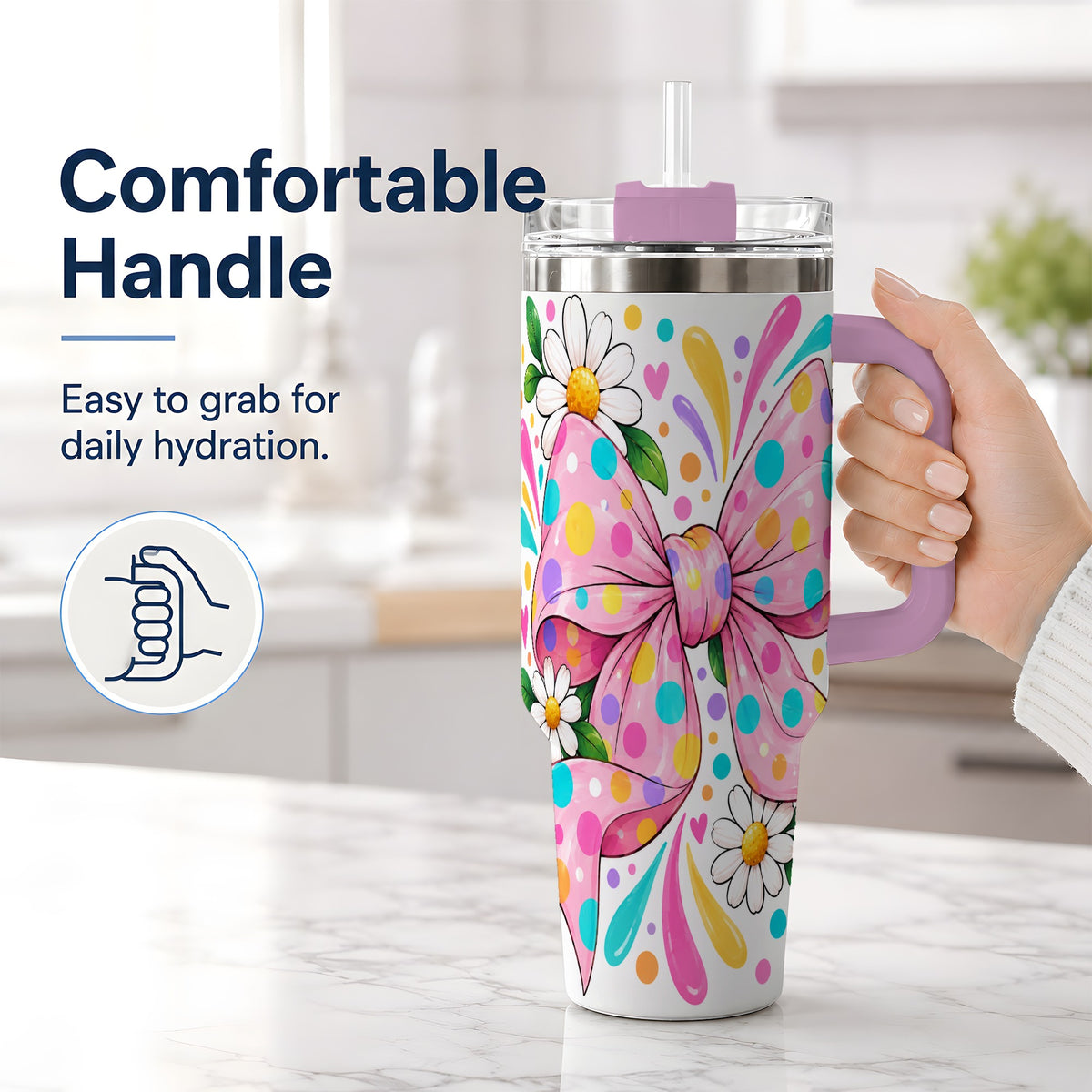 #pl[40oz|Pink] Daisy Polka Dot Bow 40oz Tumbler with Colorful Floral Artwork