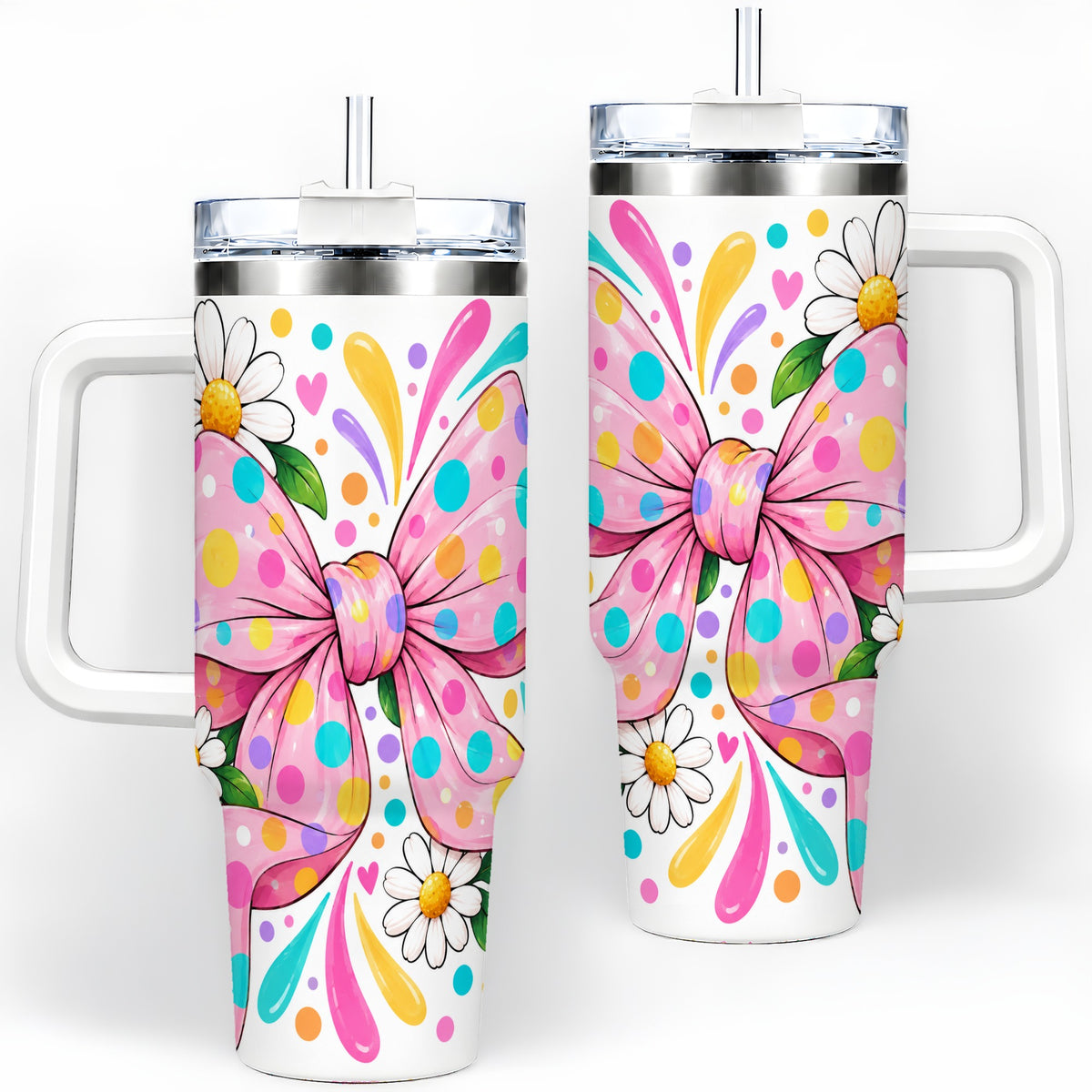 Daisy Polka Dot Bow 40oz Tumbler with Colorful Floral Artwork